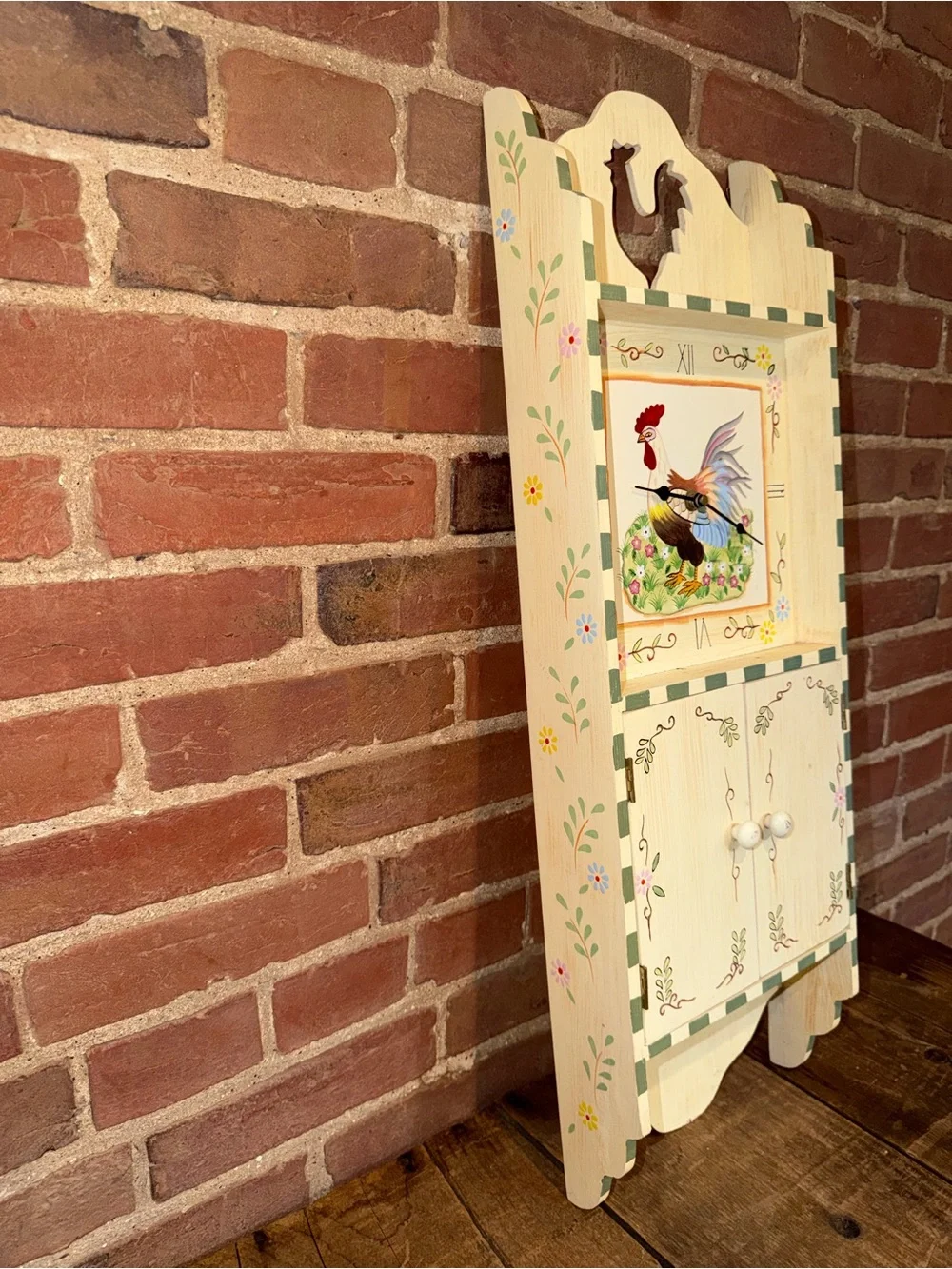 Hand-Painted Rooster Wall Clock Cabinet Decor Farmhouse Cream & Pastel Accent